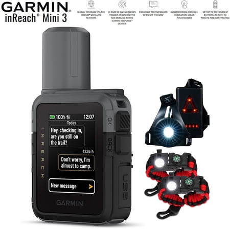 Garmin inReach Mini 3 Compact SOS Satellite Communicator with Touchscreen 010-03387-00 Bundle with Wearable Commuter Front and Rear Safety Light and 2-Pack Tactical Emergency Paracord Bracelet