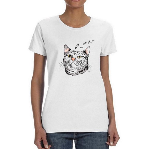 Cat Looking Up To Meow Shaped T-Shirt Women -Image by Shutterstock, Female Small