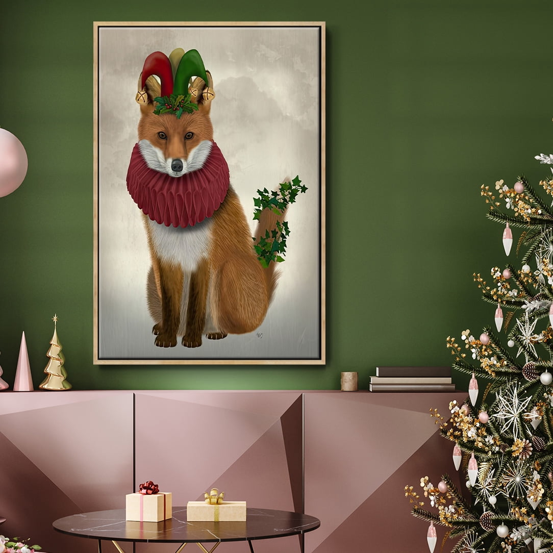 Christmas Holly and Ivy Fox - Framed Gallery Wrapped Holiday Canvas - 27 x 41 - Natural Wood Frame