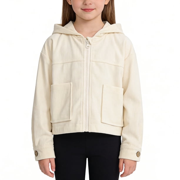 Chaquetas y abrigos casuales de manga larga con capucha para niñas, versátiles y de moda, de pana corta y fina con capucha para niñas.
