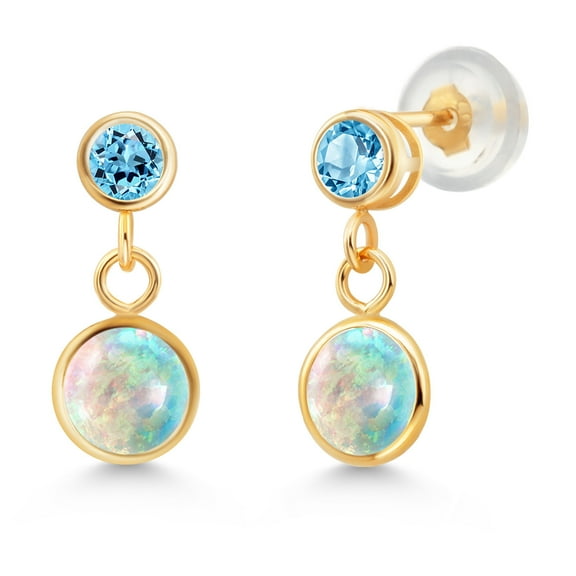Gem Stone King 14k Yellow Gold Simulated White Opal and Swiss Blue Topaz Two Stone Dangle Earrings for Women (0.90 Cttw, Gemstone October Birthstone, Round Cabochon 6MM, Round 3MM)