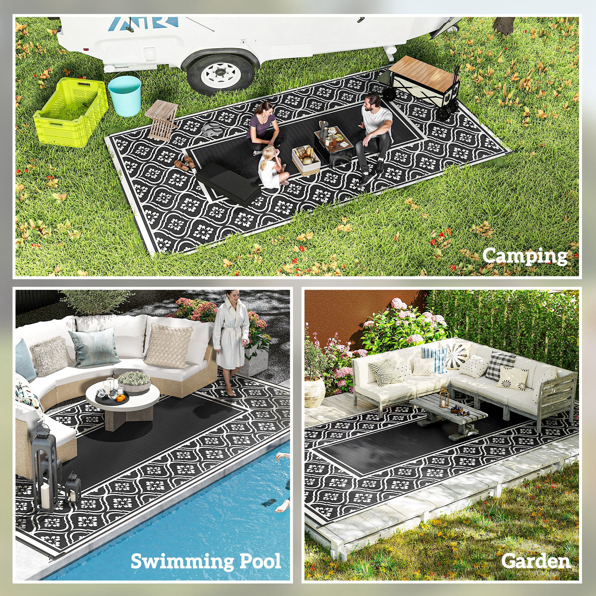 Outsunny Outdoor Patio Rug, Large Camping Carpet with Carrying Bag, 9' x 18' Waterproof Plastic Straw, Reversible, Black & White Gourd Border
