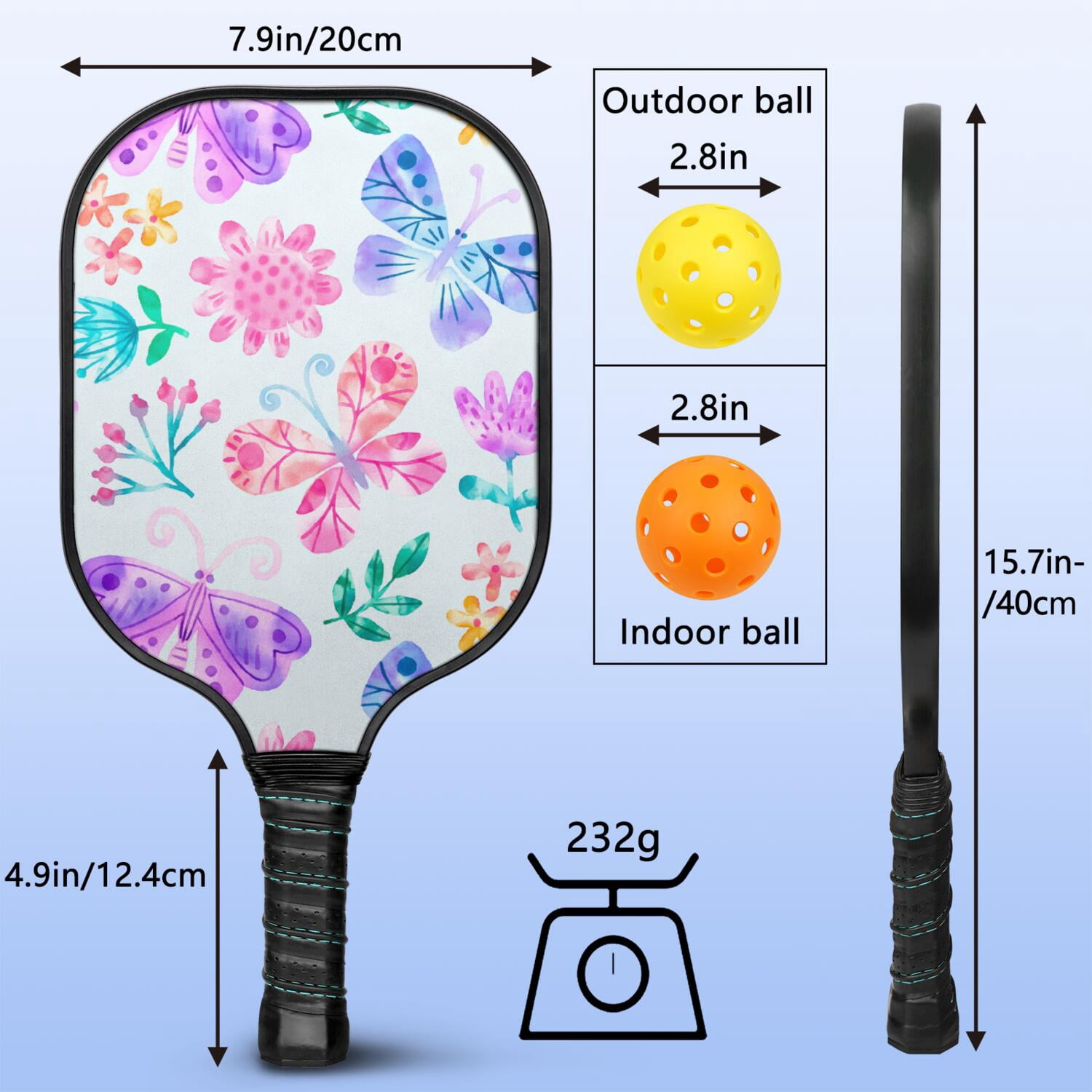 Pickleball Paddles Set Of 1, Fiberglass Surface, Butterfly Print, 1 Paddle, 2 Balls & Bag