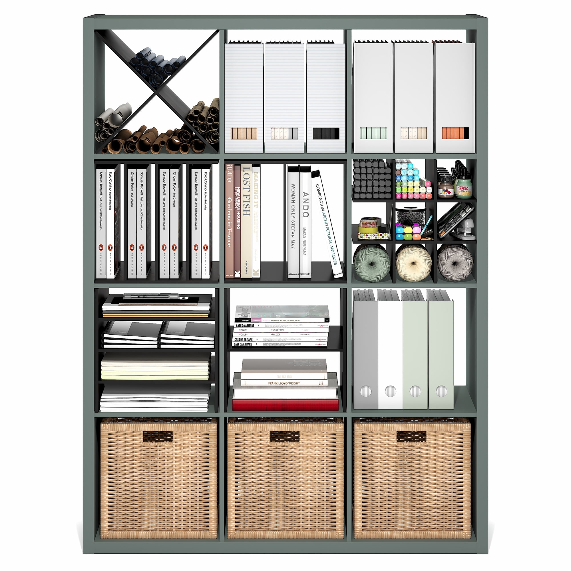 Furinno CUBICLE Book Shelf, 12-Cube Thick Frame Bookshelf, Reversible Bookcase with Open Back, 14.6 x 43.8 x 58, for Living Room, Bedroom, Home Office, Sage Green
