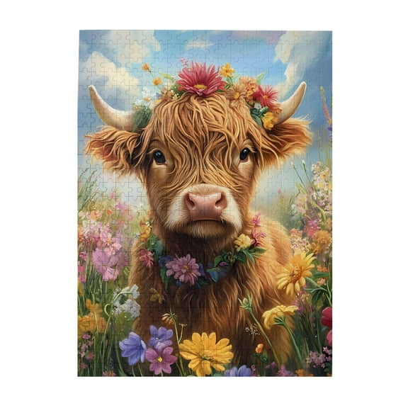 Highland Cow Flowers Meadow 500-Piece Wooden Jigsaw Puzzle for Adults, Fun & Challenging Family Game, Stylish Wall Decor & Holiday Gift