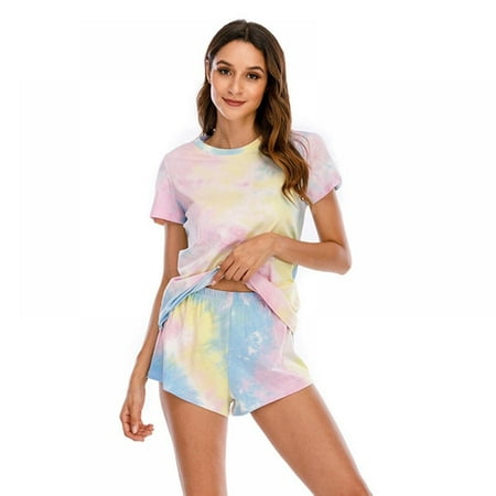 

Women Tie Dye Printed 2pcs Pajamas Set Short Sleeve Tops and Shorts Sleepwear Lounge Set