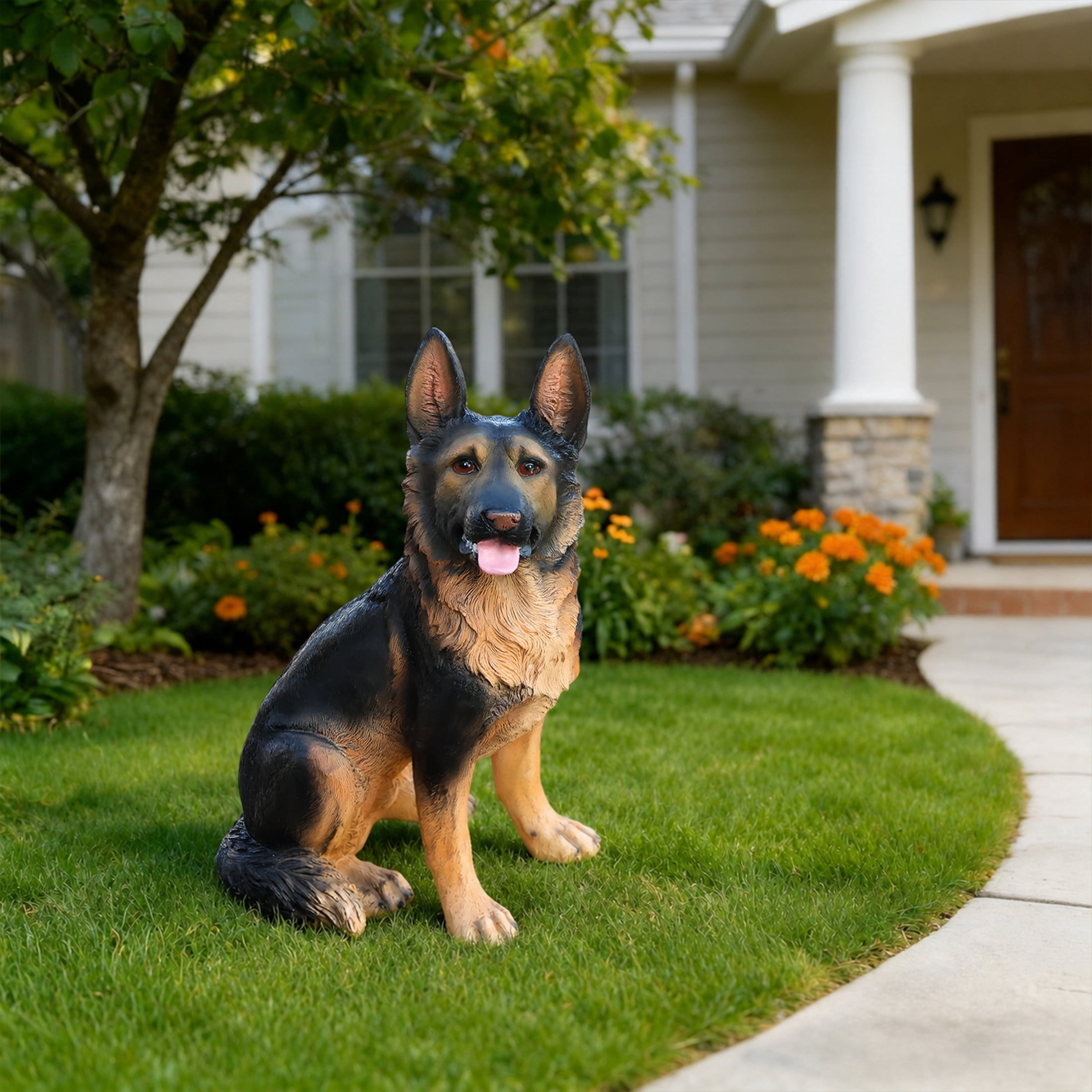 Noble House Lifelike German Shepherd Statue, Realistic Resin Animal Figurine for Outdoor Garden Decor, Black Brown