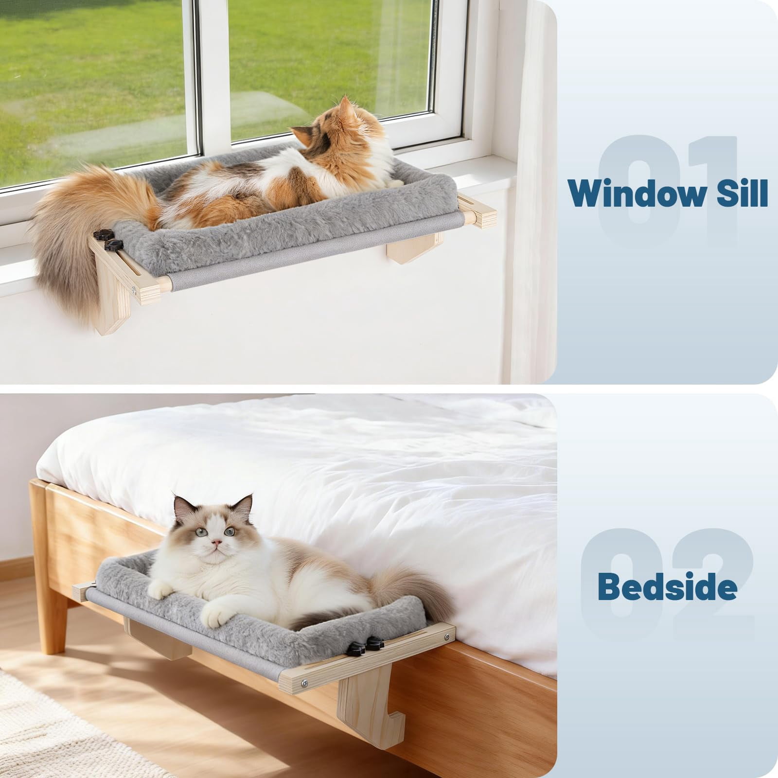 Cat Sill Window Perch - Pine Frame  Soft Rabbit Cushion Tool-free Adjustment Supports 50 Lbs (large-grey)