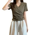 thumbnail image 3 of Women's Summer Short Sleeve Sloping Shoulder Top Shirt Blouse Solid Color Round Neck Loose Fit Casual Daily Wear Vacation Beach Outfits Fashion Essential Gift for Women | Sopatenor,Khaki XL, 3 of 8