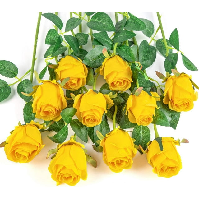 Nvzi 10 rosas artificiales de tallo largo, rosas de seda falsas para ramo de boda, decoración del hogar (amarillo)