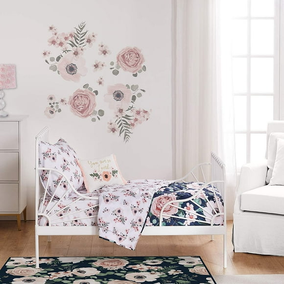 Levtex Baby - Fiori Toddler Bed Set - Black, Pink, White - Floral - Includes 5 Pieces - Quilt (42x57in), Fitted Sheet (28x52in), Flat Sheet (45x60in), Pillow Case (20x26in), Decorative Pilow (10x12in)