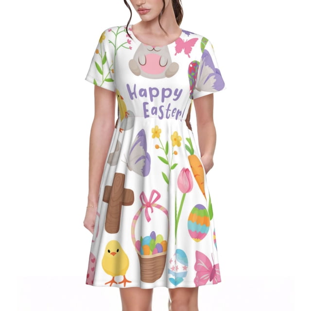 Bixox Robe d'Été à Manches Courtes pour Femmes Robe Ample Longueur Genou avec Poches-Joyeuses Pâques1