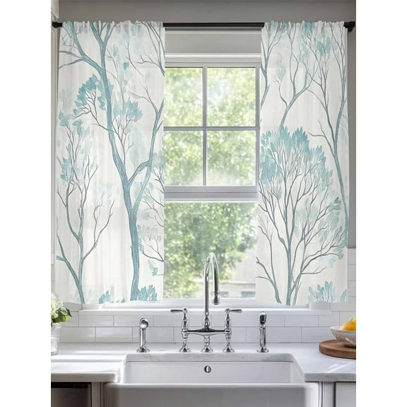Turquoise Leaves Tree Sheer Curtains for Living Room Bedroom Vintage Forest Branches Sheer Curtains 63 Inch Long 2 Panels Set Light Filtering Curtain Window Treatments Drapes for Dining Room