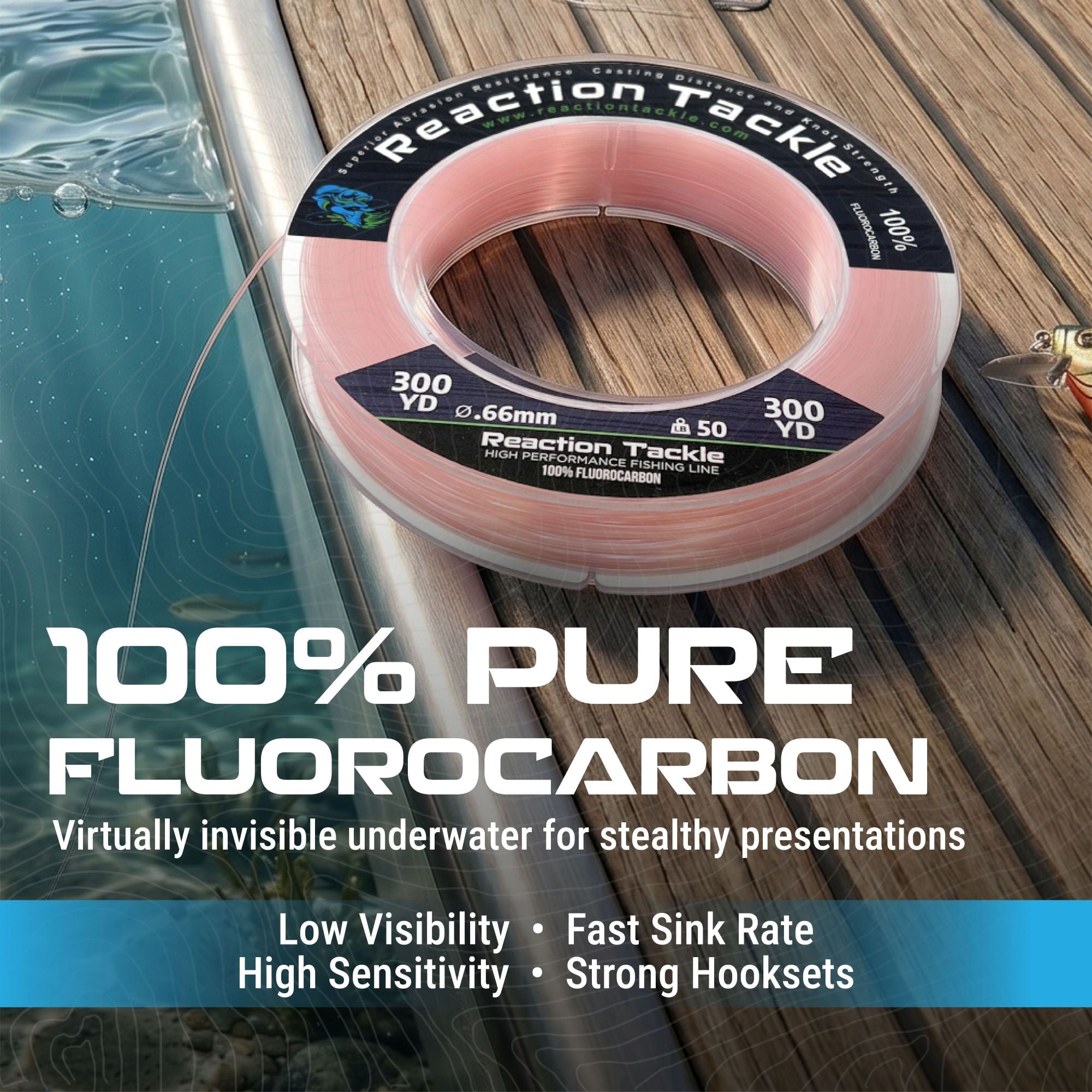 Reaction Tackle 100% Pure Fluorocarbon Fising Line - Leader Line / Clear / 30LB 300 Yd