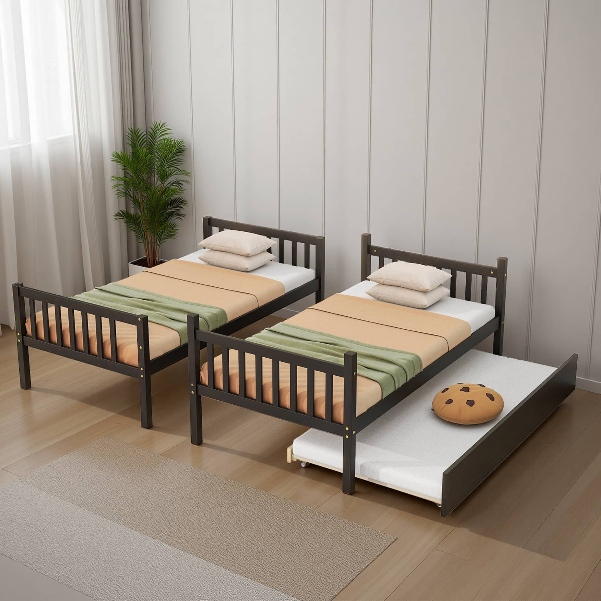 MAYEERTY Twin over Twin Wood Bunk Bed with Trundle, Bed Frame with Ladder and Guardrails, Espresso