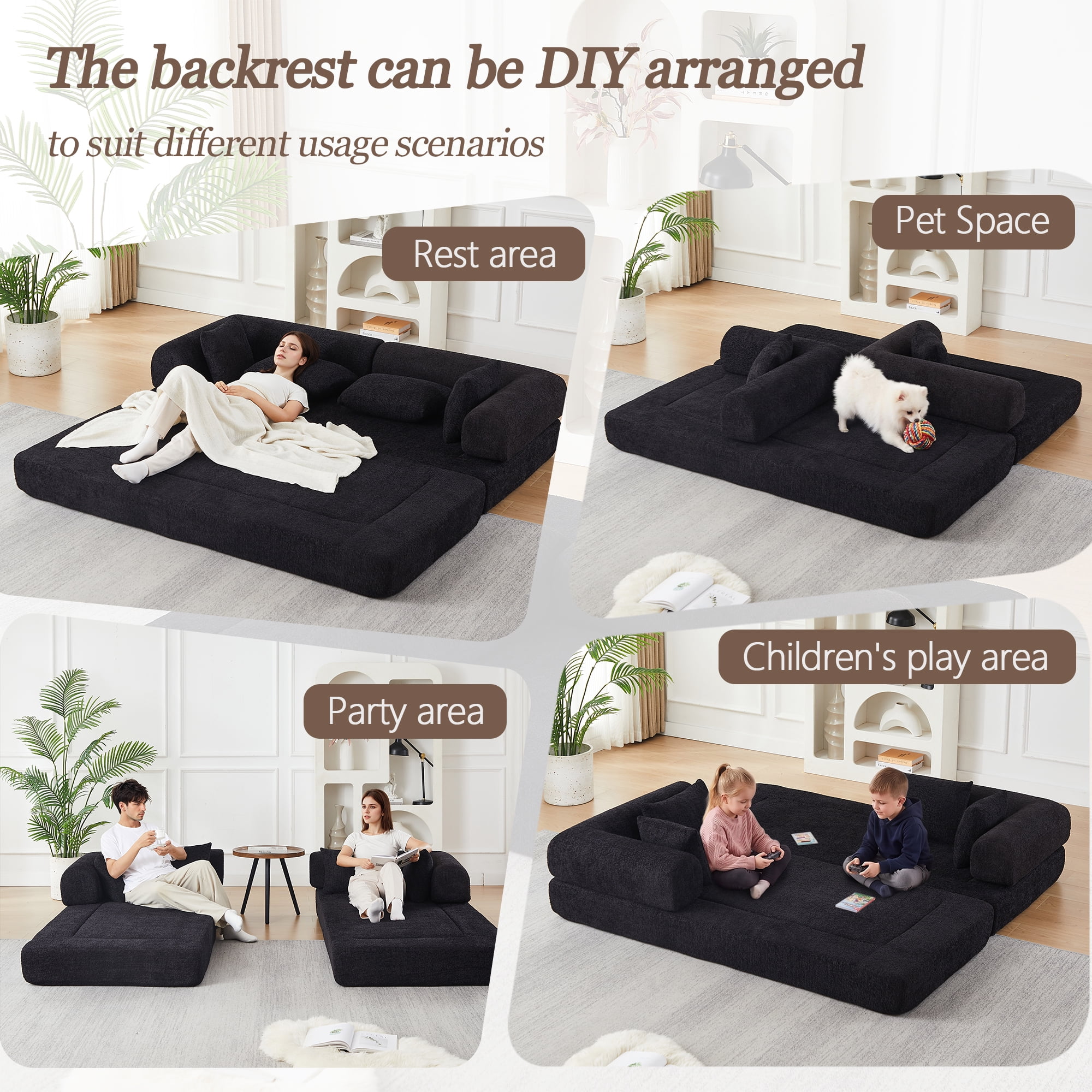 78.9inch Convertible Sleeper Sofa,Chenille Folding Mattress Sofa with DIY Removable Armrests,Floor Standing Lounge Sofa for Living Room Bedroom Small Space,Black