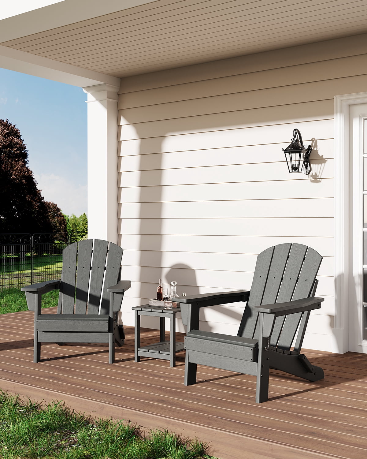 SOLLED Folding Patio Chair, Heavy Duty HDPE Adirondack Chair with 380 lbs Capacity & Cup Holder, All-Weather Outdoor Chair for Backyard Poolside Garden,Gray