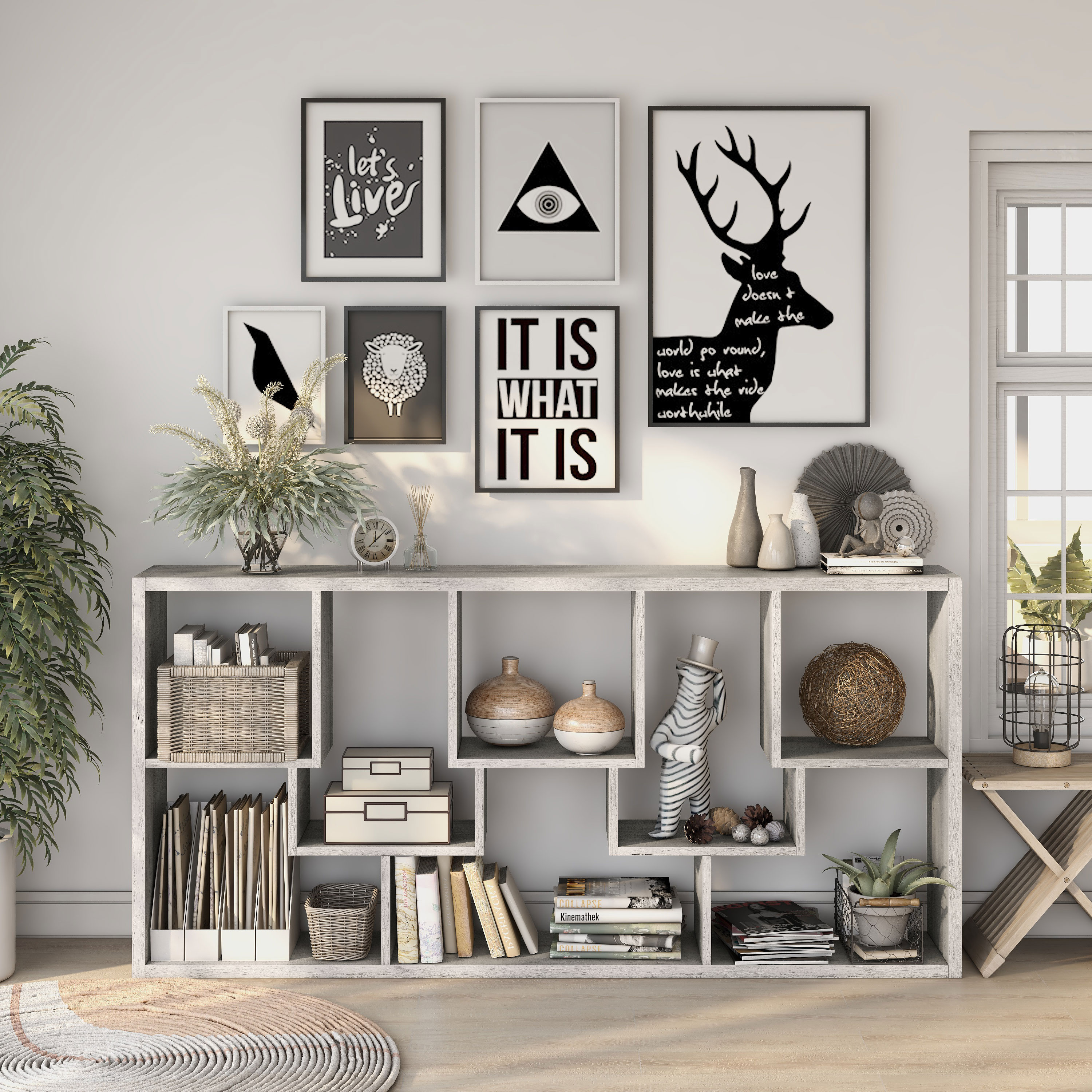 Furniture of America Corin Modern 12-Shelf Geometric Bookcase, Vintage Gray Oak