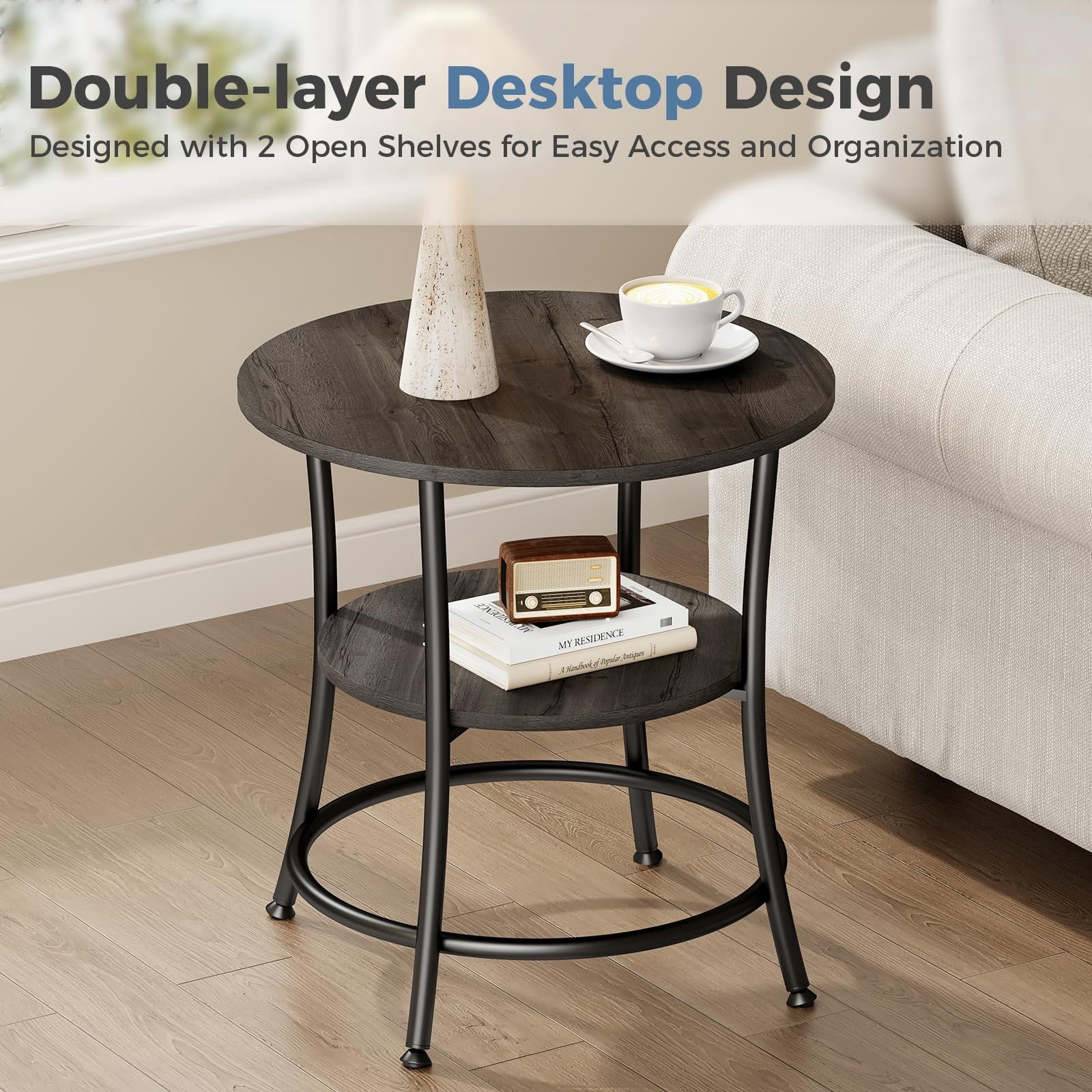 Telyra 2-Tier Round Side Table 21.8" End Table with Antiqued Wood Grain Top and Steel Base, Gray