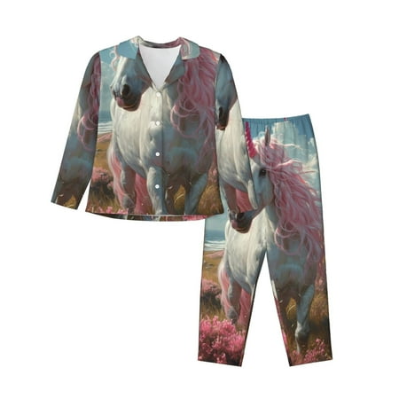 Qokaie Flower White Horse (2) Print Womens Pajama Set  2 Piece Soft Long Sleeve Pajamas & Long Pants with Pockets  Warm Button-up Sleepwear Lounge Pjs