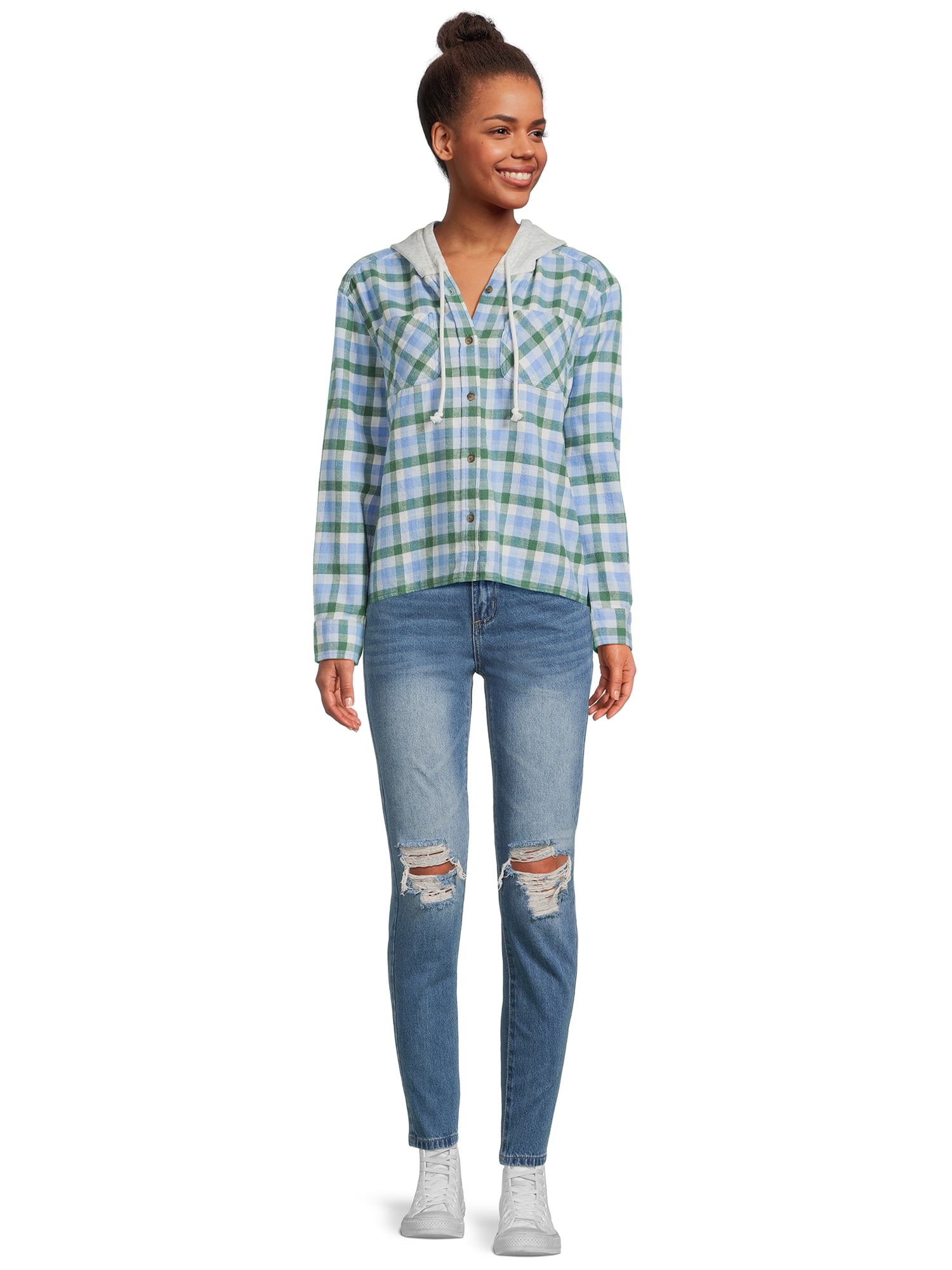 Time and Tru Women's Hooded Crop Flannel Shirt, Sizes XS-XXXL