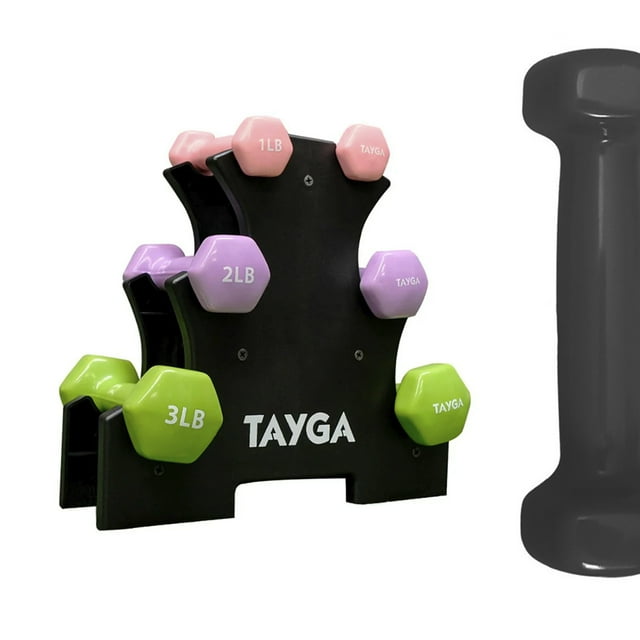 Set Mancuernas Vinílicas 3 Pares De 1,2, 3 Lb Tayga Con Rack Color Negro.