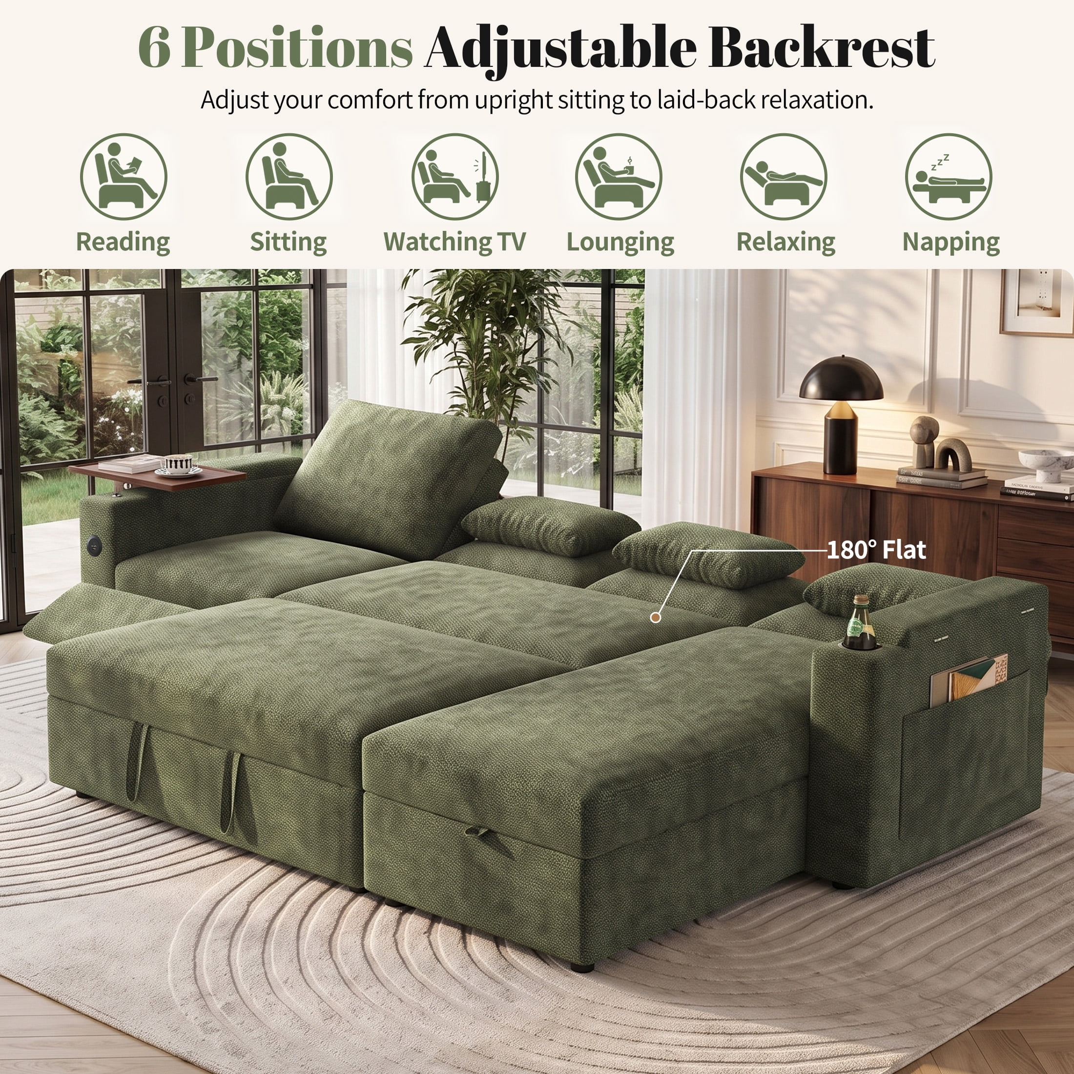 Aenkyo 108" L-Shaped Sectional Sleeper Sofa with Pull Out Bed, Recliner and Storage Chaise, Green