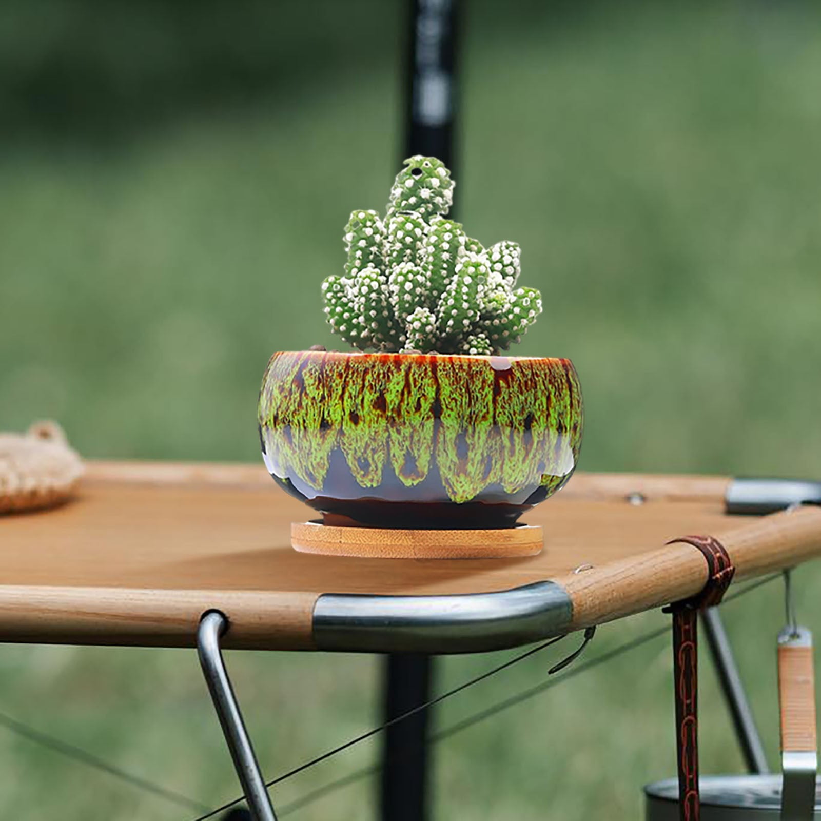 Hot Sale! Glazed Ceramic Flower Pot (Green), Circular Glazed Ceramic Pottery Planter Set UniqueçªåColor Blend Succulent Garden Pot Display