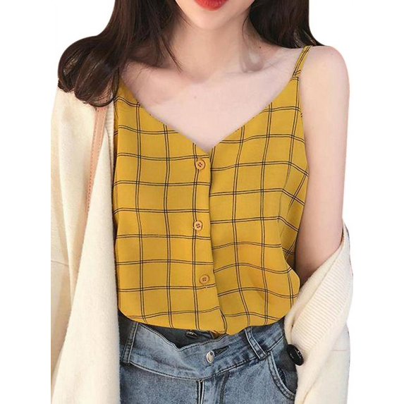 Ochine Summer Chiffon Shirt V Neck Spaghetti Strap Plaid Print Sleeveless Camisole Blouse Causal Sexy T Shirts Beach Vacation Club for Women, Average Size