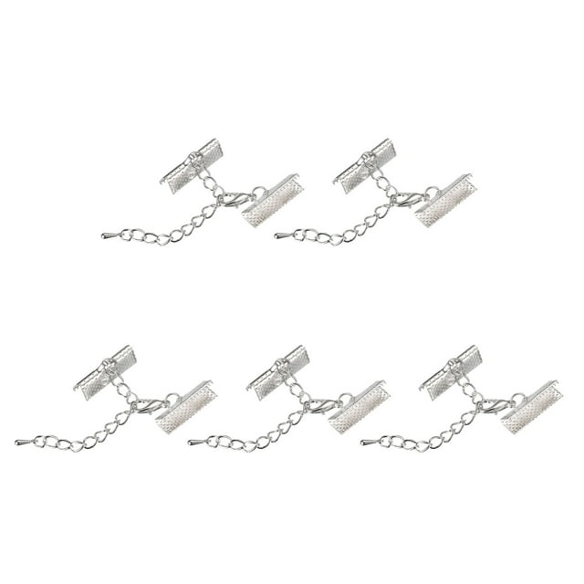 Unique Bargains 20Sets Ribbon Crimp Clamp Ends with Lobster Claw Clasps & Chain 20mm Silver Tone