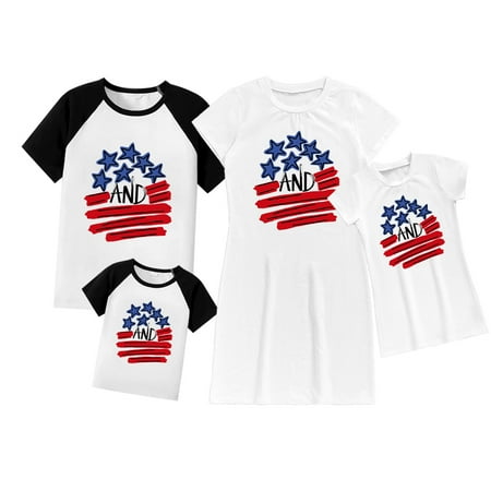 

Family Matching Outfits Mommy and Me Dresses Print Flounce Tank Dresses and Cotton 4th of July Tops for Dad and Son Matching Clothes
