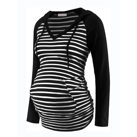 

Enjiwell Women s Maternity Stripe Foral Color Stitching Drawstring Hooded Dropped Shoulder Long Sleeve Tops