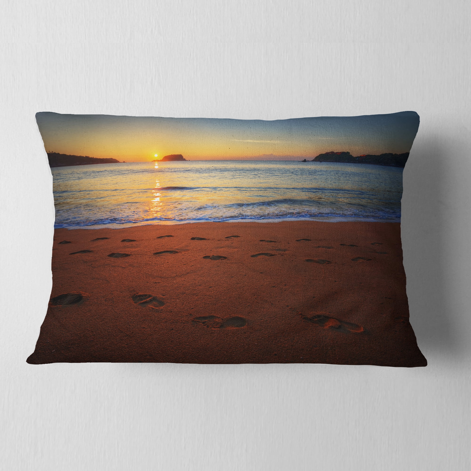 Designart Foot printed Sandy Ocean Beach - Seashore Throw Pillow - 12x20