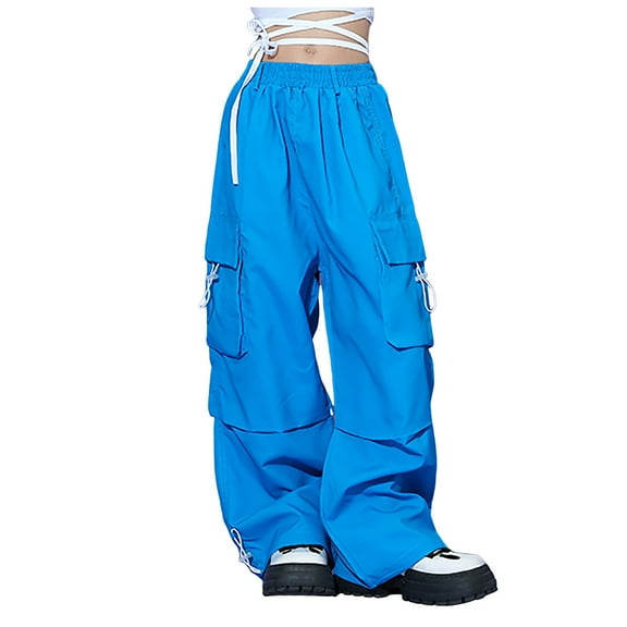 Girl's Casual Elastic Waist Cargo Pants Multi Pockets Lightweight Cotton Teens Trousers School Teens 3-14 Years