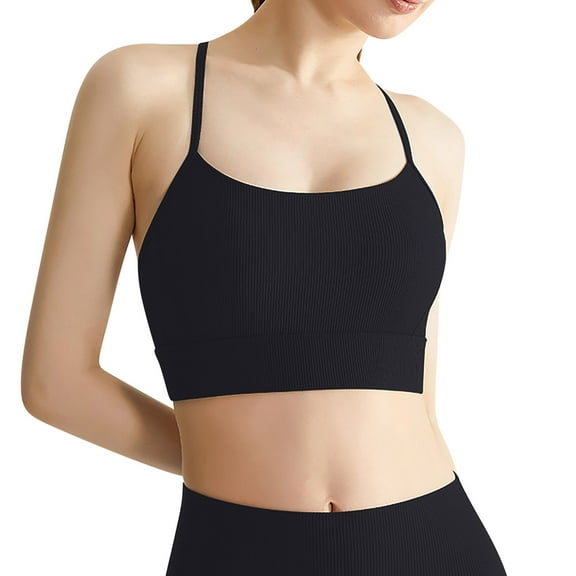 Bxsruta Womens Sports Bra Seamless Crop Tank Racer Back Spaghetti Strap Workout Yoga Padded Bra Black S