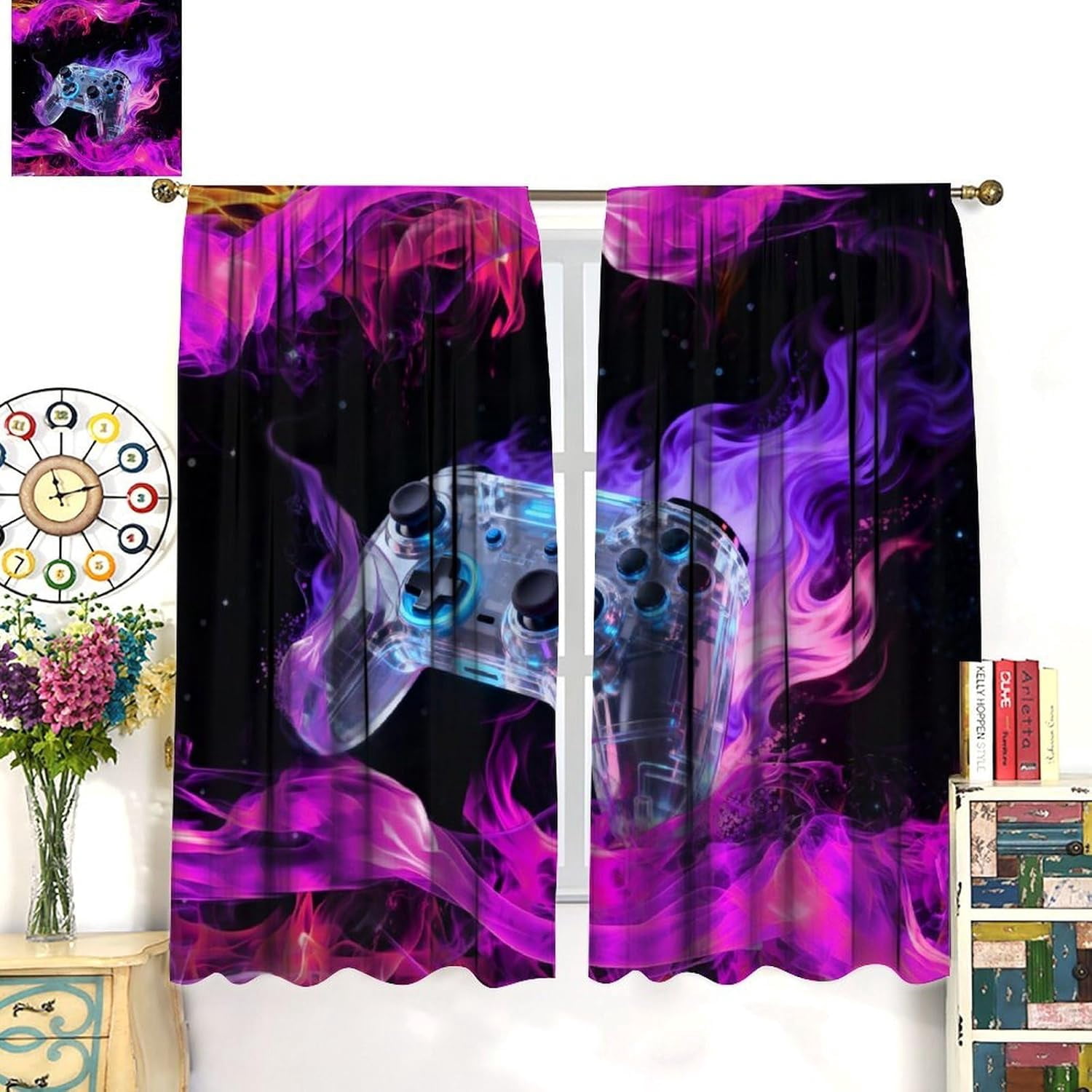 Gamer Curtains for Boys Teens,Purple Flame Creative Game Controller Cool Video Game Print Blackout Rod Pocket Window Treatments Drapes for Bedroom Playroom Home Decor 84" W X 84" L