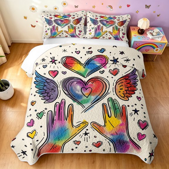 Manfei Cartoon Rainbow Love Twin Quilt Set, Watercolor Graffiti Art Twin Coverlet Set, Cream Blue, 2 Pieces, 1 Bedspread and 1 Pillowcase