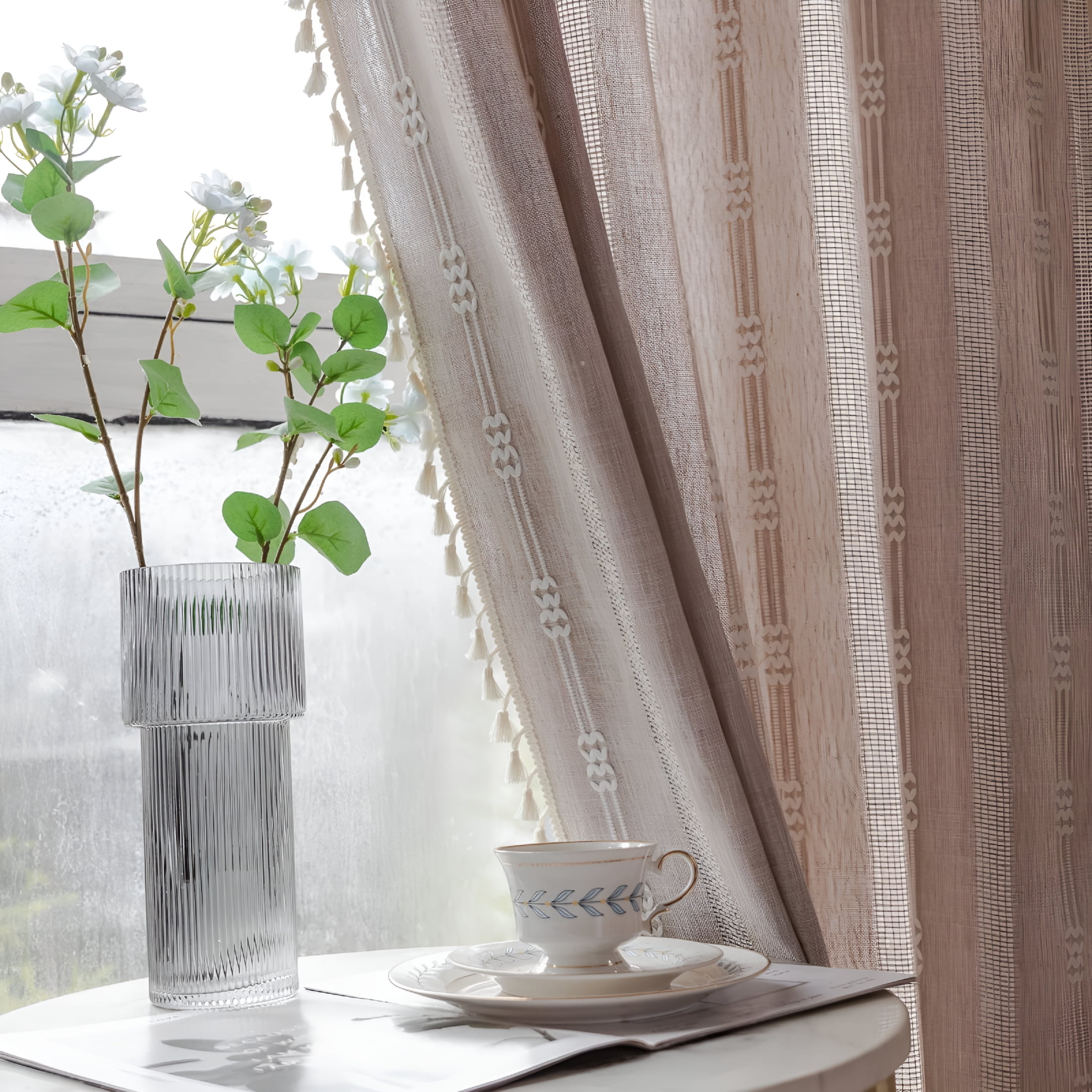 AUQ Linen Curtains Farmhouse Curtains for Living Room Rod Pocket Drapes 52" W X 84" Khaki Long Curtains for Living Room
