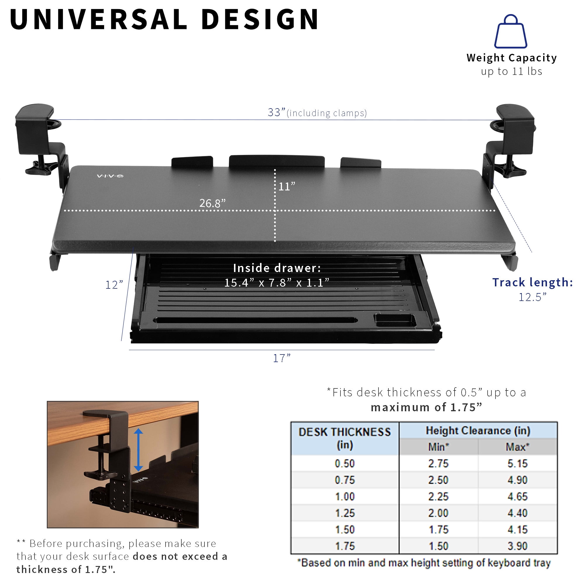VIVO Height Adjustable Clamp-on Computer Keyboard Tray with Pencil Drawer