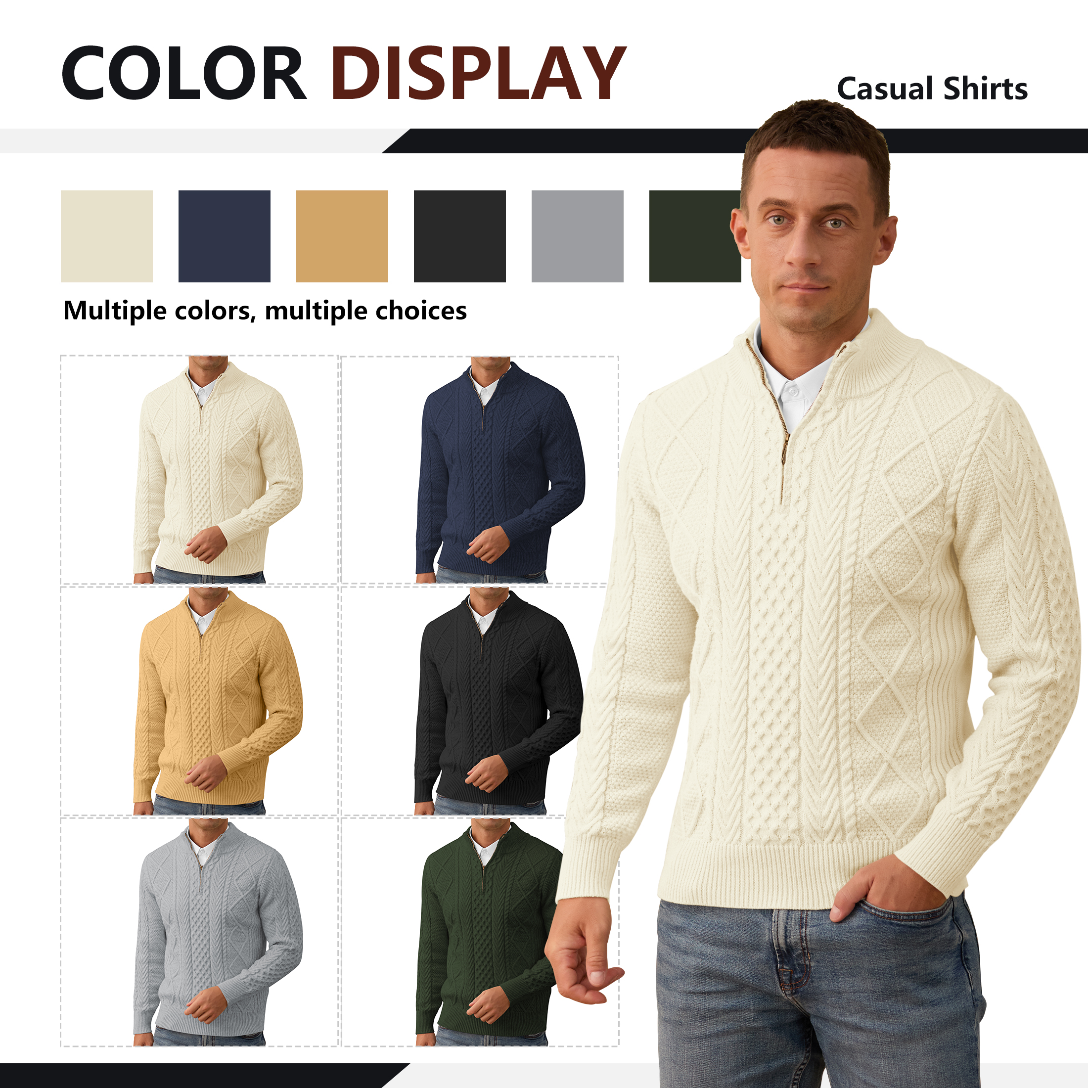Iceglad Men's Quarter Zip Cable Knit Sweater Stand Collar photo 7
