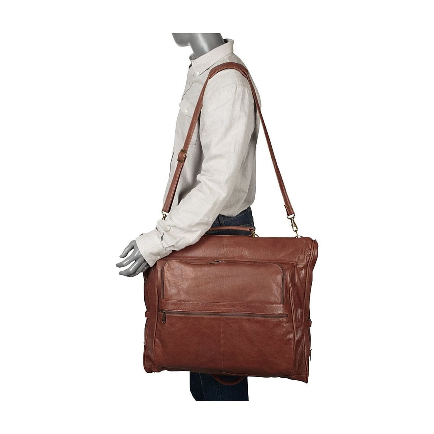HomeStock Leather Three-Suit Garment Bag in Top Grain Genuine Leather with Shoulder Strap, Spacious Compartments, and Wrinkle-Free Suit Holder, 23" x 5" x 19"