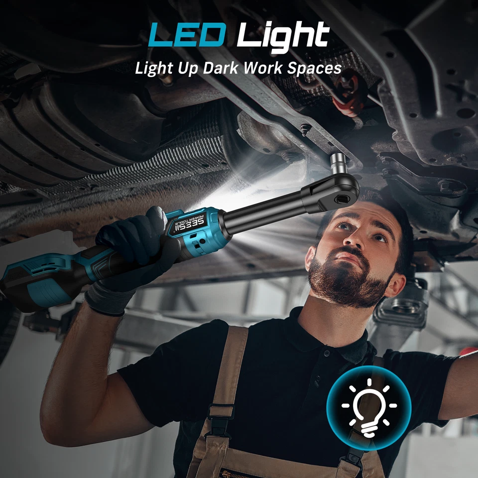 Seesii Extended Cordless Electric Ratchet Wrench: 59Ft-lbs Power Ratchet Wrench 3/8", Brushless  0-400RPM Variable Speed Trigger, 2 Pack 21V Batteries & Charger, 8 Sockets, 1/4"& 1/2" Adapter