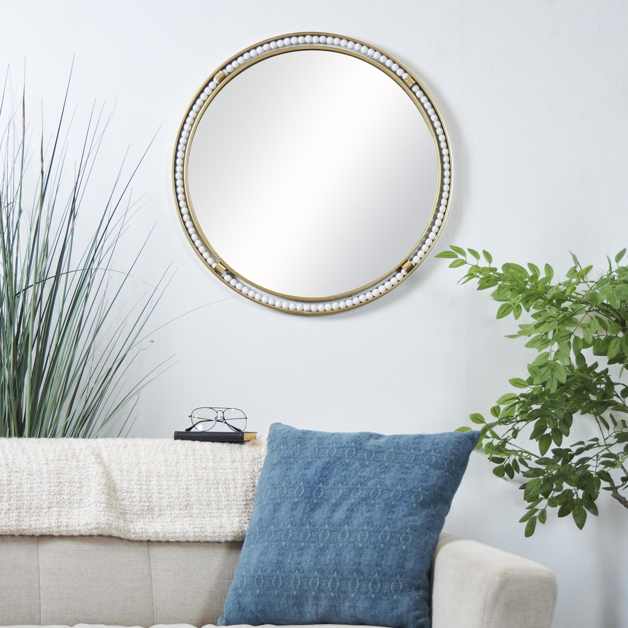 DecMode 26" x 26" Gold Wall Mirror with White Wood Beading