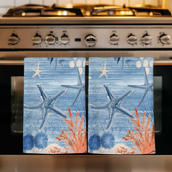 Navy Blue Coastal Kitchen Towels Set of 2, Starfish Coral Summer Beach Nautical Ocean Absorbent Dish Towels for Kitchen, Microfiber Hand Towel, Quick Drying Tea Towel for Cleaning Dishcloths
