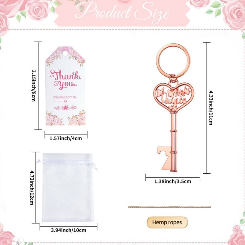 96 Pcs Rose Gold Bottle Opener Keychain Party Favors Set, Wedding Bridal Shower Quinceanera Favors for Guests, Heart Key Bottle Opener with Thank You Tags Organza Bags Gift Pack
