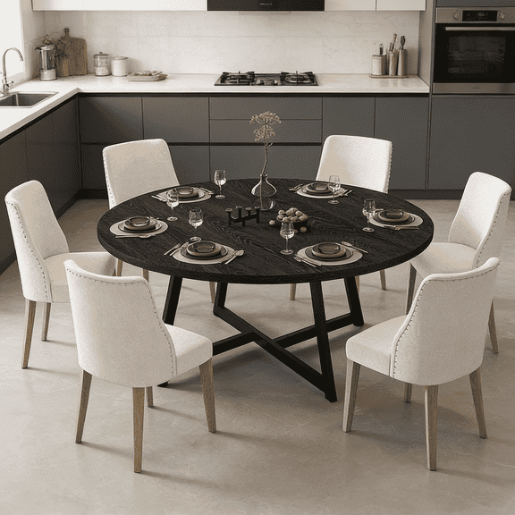JassmiPkwy Round Dining Table for 4-8 People,Kitchen Dining Room Circle Dinner Pedestal Table,Space Saving Wood Kitchen & Dining Room Furniture (Black, 59In)