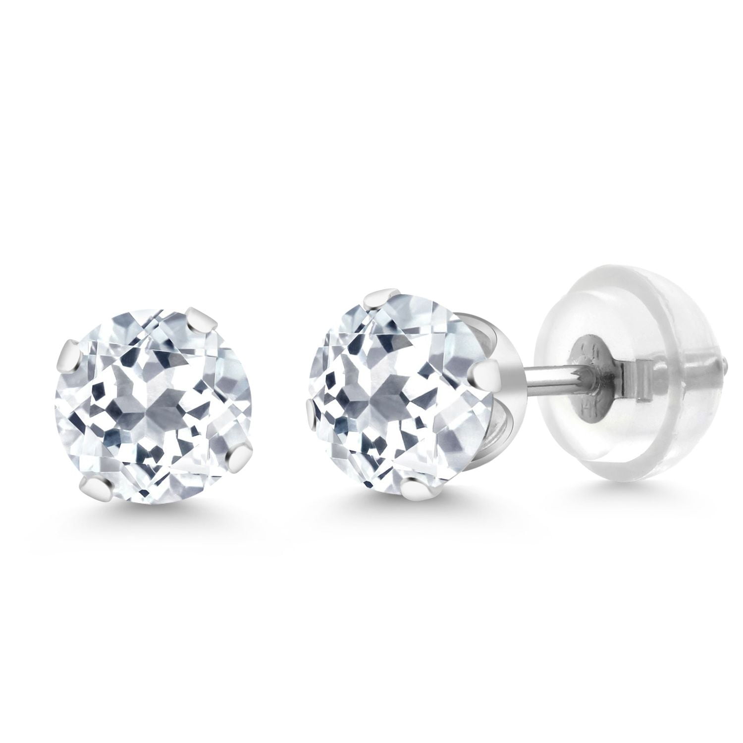 Gem Stone King 1.20 Ct Round 5mm White Topaz Gemstone Birthstone 14K White Gold Stud Earrings for Women Men