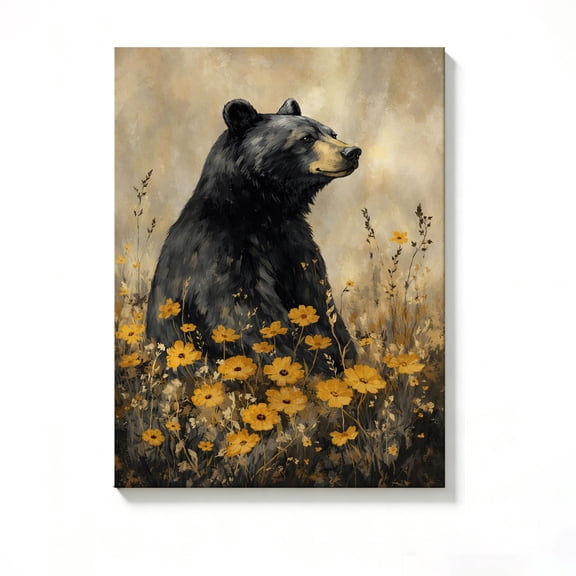 FLASHLUMI 8x12 Inch Black Bear in Wildflower Field Canvas Wall Art, Whimsical Wildlife Decor for Living Room Bedroom, No Frame