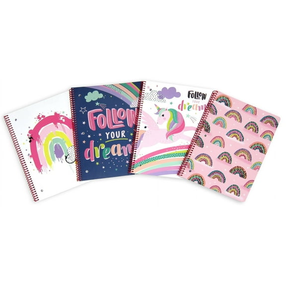 Class Act Stationery 4-pack 1-Subject Spiral Notebooks, 320 Wide-Ruled Sheets, Rainbow and Unicorn
