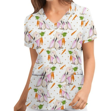 

FOCUSNORM Easter Women Scrubs Tops Easter Eggs Bunny Print V Neck Short Sleeve Medical Scrub Shirts Working Uniform with Pockets